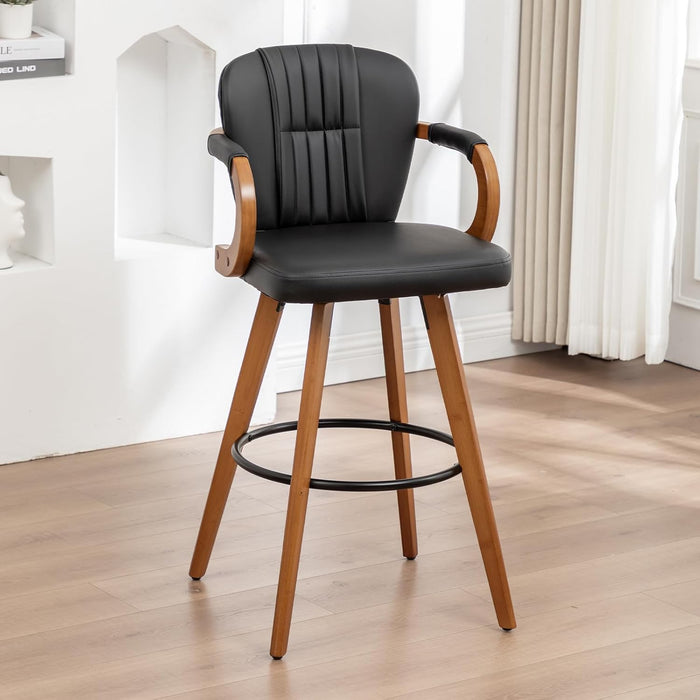 26" Swivel Counter Height Bar Stools with Back, White Faux Leather Kitchen Island Bar Chairs with Arms,Spliced Pleated Wingback Barstools for Bar/Kitchen/Dining Room,Set of 3