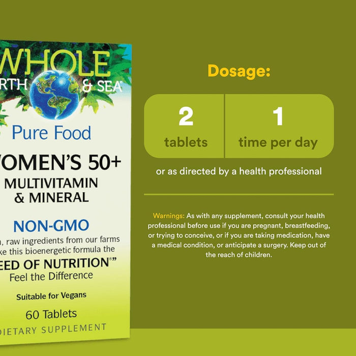 Natural Factors Whole Earth & Sea Women's 50+ Multivitamin & Mineral, 1 Serving Contains Nutrition Equivalent to ½ lb of Veggies, 60 Tablets
