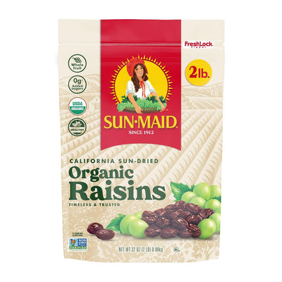 Sun-Maid Organic California Sun-Dried Raisins - 32 oz Resealable Bag - Organic Dried Fruit Snack for Lunches, Snacks, and Natural Sweeteners