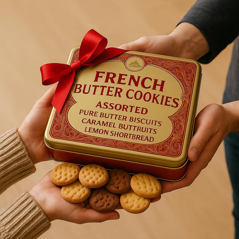 Premium French Butter Cookies Assortment in Gift Tin – Pure Butter, Caramel, Chocolate Shortbread & Lemon Biscuits – Holiday Cookie Gift Box, Gourmet European Treats