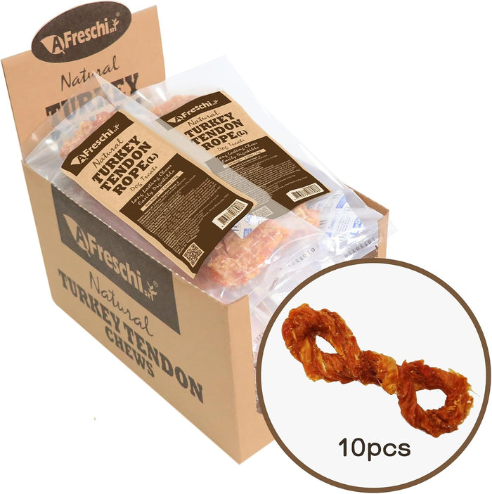 AFreschi Turkey Tendons for Dogs, USA-Sourced, Healthy Dog Treats, Rawhide-Free Puppy Chews, Long Lasting, All Natural, Hypoallergenic Dog Treats for Large Breeds, 10 oz Pack Bone (L)
