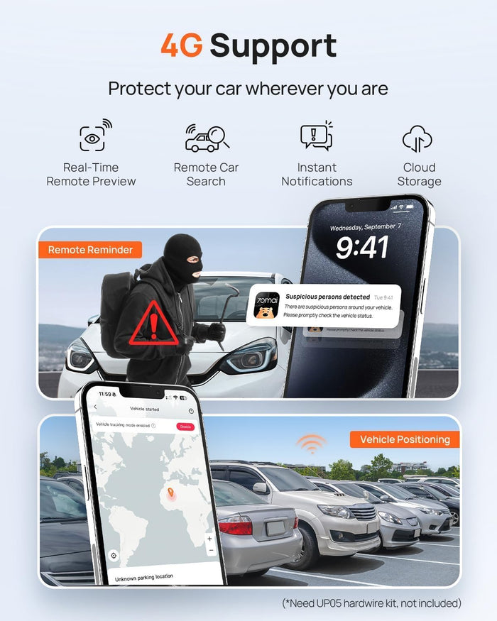 70mai A810 4K Dash Cam Front and Rear, Dual Dash Camera for Cars with Starvis 2 HDR Night Vision, 4G LTE Support, ADAS, Built in GPS & WiFi, 24/7 Parking Mode, AI Motion Detection, Time-Lapse