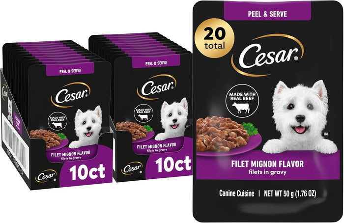 Cesar Filets in Gravy Wet Dog Food Filet Mignon Flavor and Rotisserie Chicken Flavor Variety Pack, 1.76 oz. Mini-Pouches (20 Count, Pack of 2)