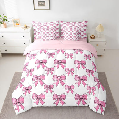 Feelyou Bow Bed Set for Kids Girls Woman Twin Size Bowknot 7 Pieces Beeding Set Ultra Soft Cute Coquette Bow Knot Bed in a Bag with Comforter, Sheets, Pillowcases Bow Pattern Room Decor Bow Decor