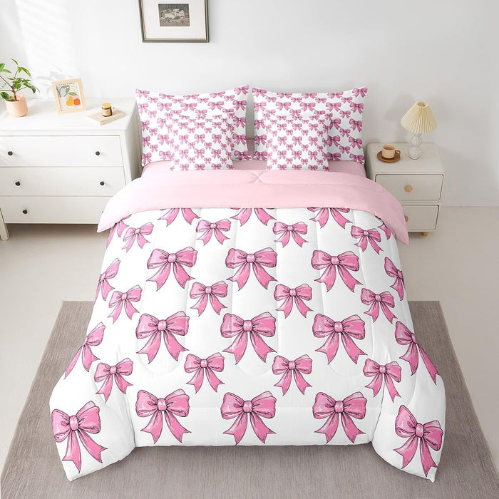 Feelyou Bow Bed Set for Kids Girls Woman Twin Size Bowknot 7 Pieces Beeding Set Ultra Soft Cute Coquette Bow Knot Bed in a Bag with Comforter, Sheets, Pillowcases Bow Pattern Room Decor Bow Decor