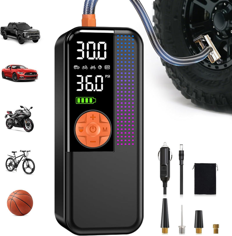 Tire Inflator Portable Air Compressor, 150 PSI Cordless Air Pump, Dual Power 6000mAh, 12V DC Car Plug, Fast Inflation 24L/Min, Auto Shut-Off, LED Light, 4 Preset Modes for Car, Bike, Motorcycle, Balls