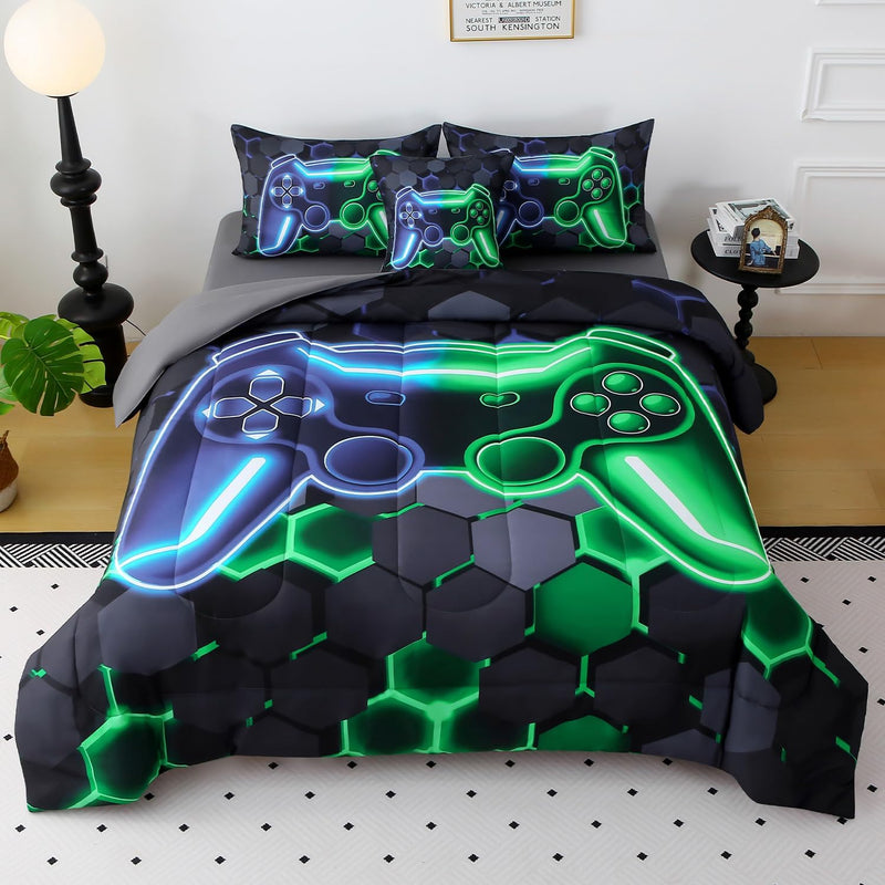 JQinHome Twin Gamer Comforter Sets for Boys&Girls ,6 Piece Bed in A Bag 3D Video Game Bedding -All Season Microfiber Gamer Bedding Sets for Kids, with Pillowcase, Flat & Fitted Sheet,Cushion Cover
