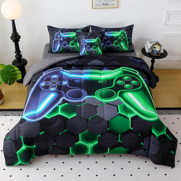 JQinHome Full Gamer Comforter Set,6 Piece Bed in A Bag 3D Video Game Bedding -All Season Down Alternative Gamer Bedding Sets - (Blue Game Controller)