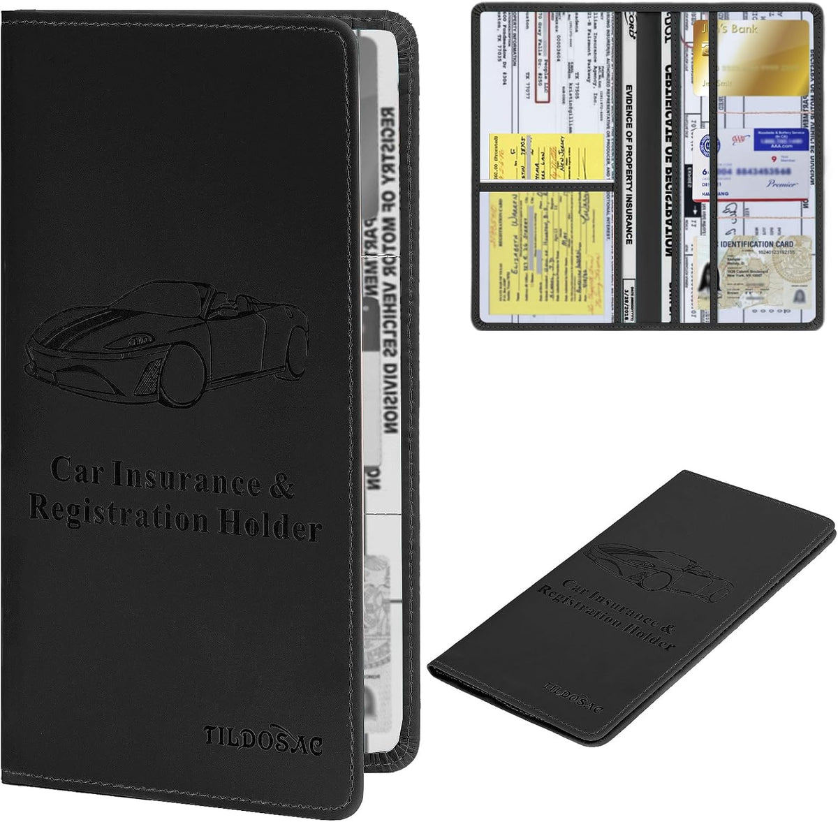 Leather Car Registration and Insurance Card Holder, Car Document Holder for Cards License with Magnetic Shut (Black, large)