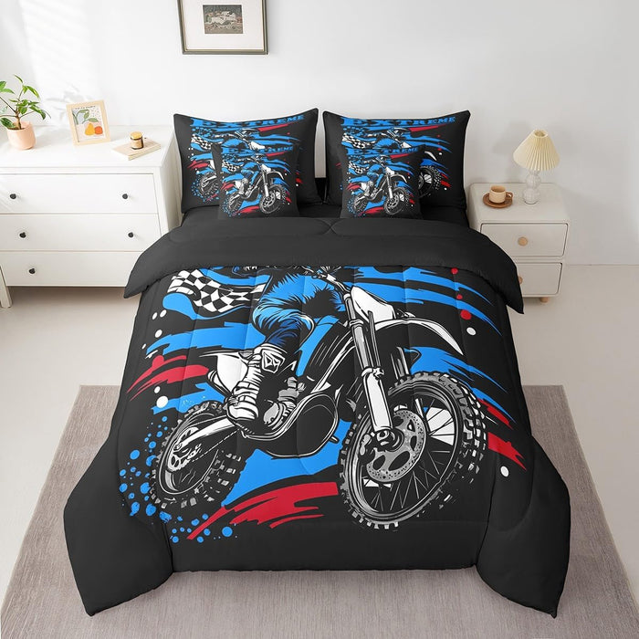 Feelyou Blue Race Car Bed Set for Kids Boys Girls Full Size Extreme Sports 7 Pieces Beeding Set Teen Adult Ultra Soft Speed Sports Car Bed in a Bag with Comforter, Sheets, Pillowcases Cool Car