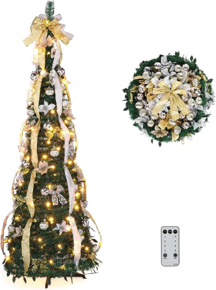 VINGLI 6ft Pre lit Pop Up Christmas Tree with Lights, Pre-Decorated Artificial Pencil Xmas Tree Collapsible Christmas Tree Holiday Party Decorations (Red&Gold)
