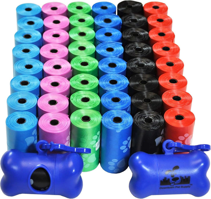 Downtown Pet Supply Dog Poop Bags with Dispenser – 1000 Count Leak-Proof Waste Bags, Eco-Friendly & Extra Strong, Easy Tear-Off Rolls with Bone-Shaped Holder – Rainbow with Holder, 12.5” x 8.5”