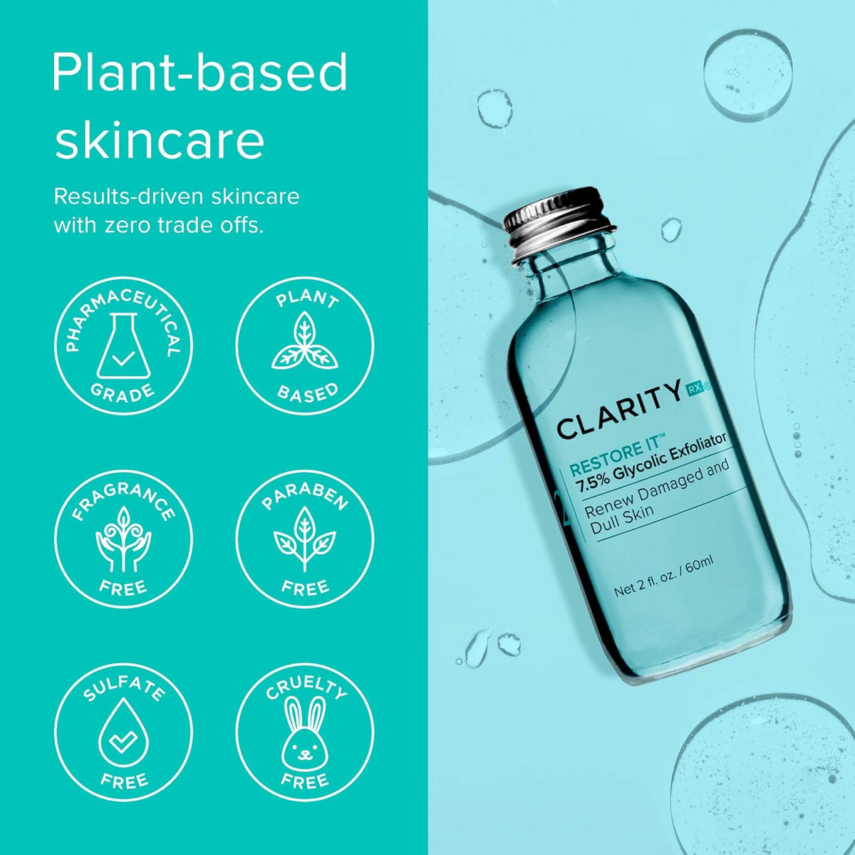 ClarityRx Restore It 7.5% Glycolic Acid Face Serum, Plant Based Exfoliating Treatment, Paraben Free, Natural Skin Care (2 fl oz)