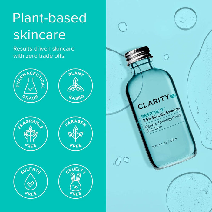 ClarityRx Restore It 7.5% Glycolic Acid Face Serum, Plant Based Exfoliating Treatment, Paraben Free, Natural Skin Care (2 fl oz)
