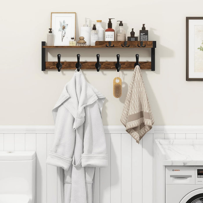 Homode Coat Rack Wall Mount with Shelf, Entryway Coat Hanger with Key Hooks and Mail Holder, 29 Inch Wood Floating Shelf with Hooks and Storage, Key Holder Mail Organizer, Rustic Brown