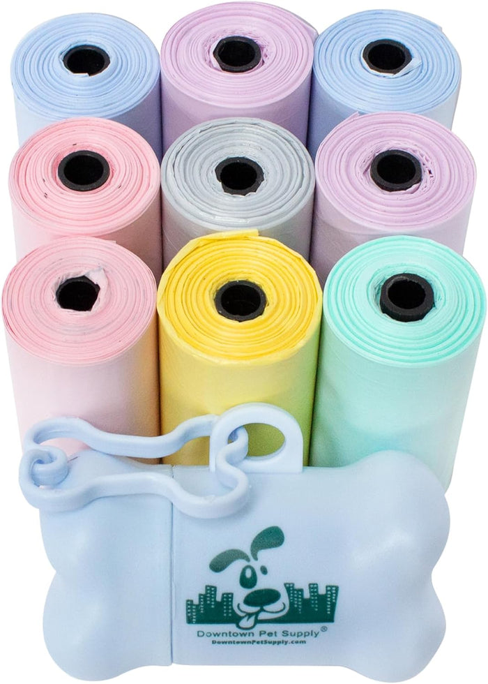 Downtown Pet Supply Dog Poop Bags with Dispenser – 1000 Count Leak-Proof Waste Bags, Eco-Friendly & Extra Strong, Easy Tear-Off Rolls with Bone-Shaped Holder – Rainbow with Holder, 12.5” x 8.5”