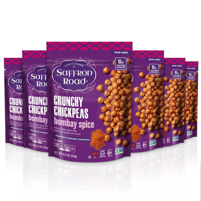 Saffron Road Roasted and Crunchy Sea Salt Chickpeas | High Protein Snacks | Certified Organic, Gluten-free, Vegan, Non-GMO, and Certified Halal and Kosher | 5.4oz Pouch | Pack of 6