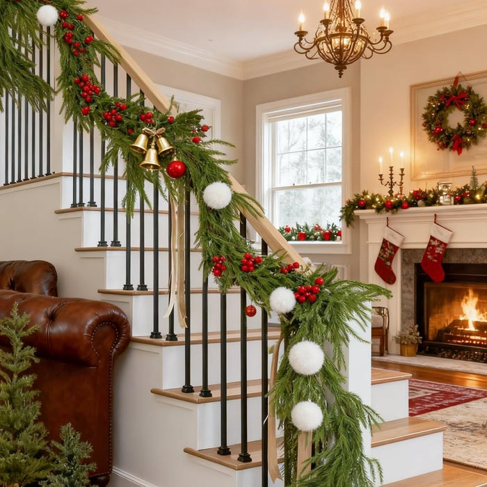 2Pcs 6Ft Artificial Norfolk Pine Garlands Greenery Garland Faux Green Garland for Fireplace Table Mantle Wall Stairs Window Christmas Decoration Indoor Outdoor