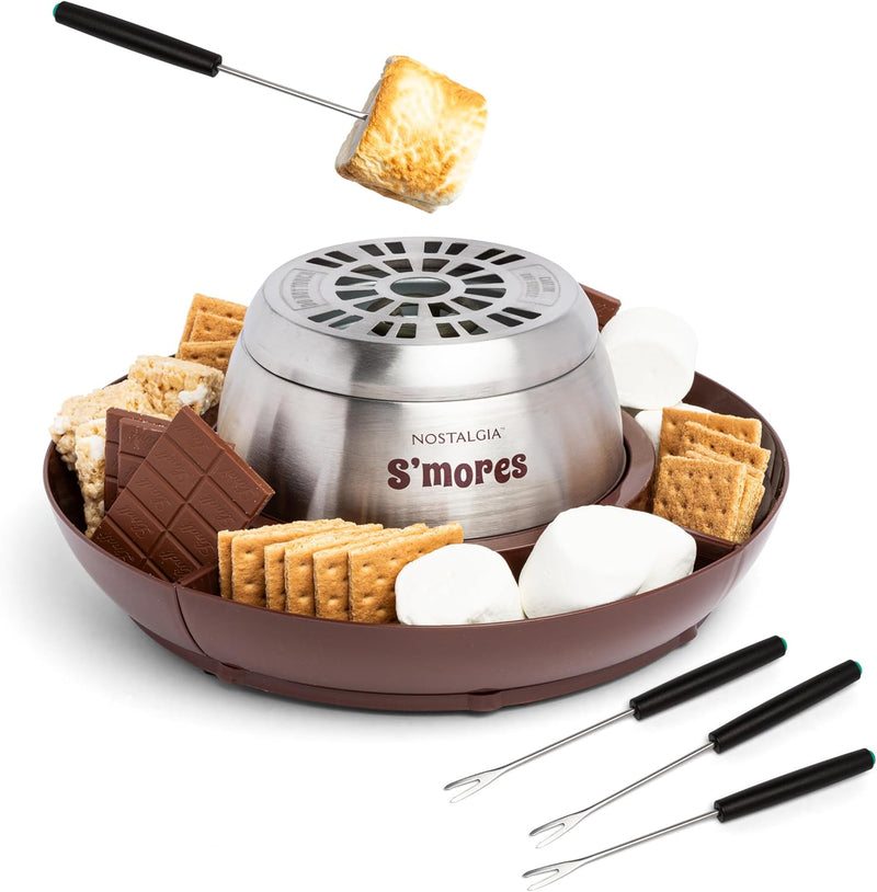 Nostalgia Tabletop Indoor Electric S'mores Maker - Smores Kit With Marshmallow Roasting Sticks and 4 Trays for Graham Crackers, Chocolate, and Marshmallows - Movie Night Supplies - Brown