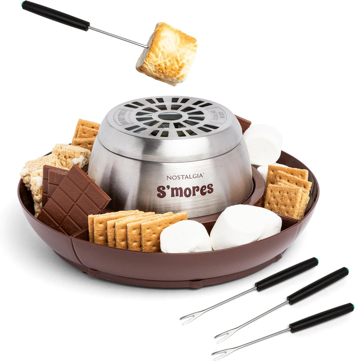 Nostalgia Tabletop Indoor Electric S'mores Maker - Smores Kit With Marshmallow Roasting Sticks and 4 Trays for Graham Crackers, Chocolate, and Marshmallows - Movie Night Supplies - Brown