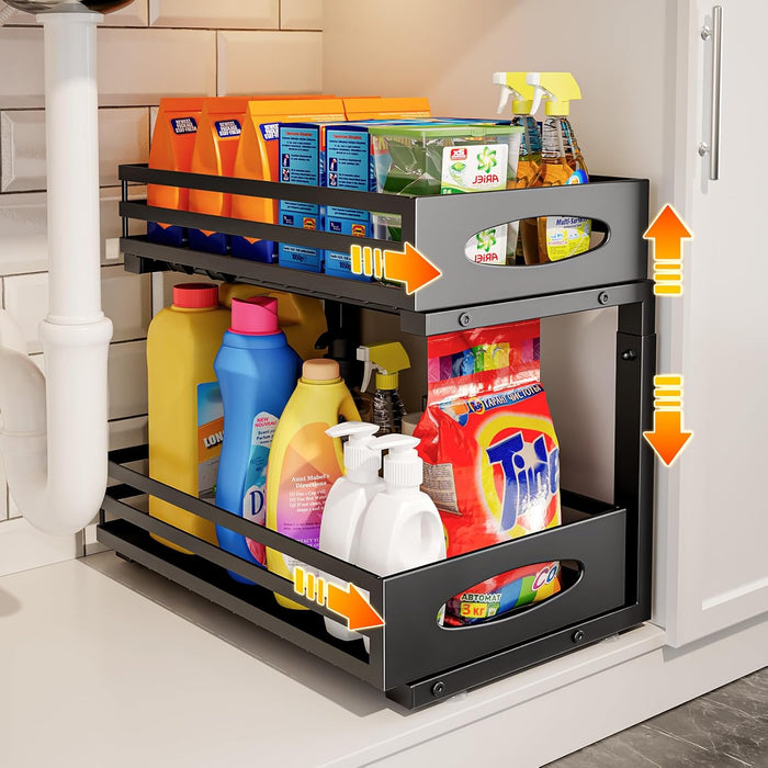 Under Sink Organizer, 2 Tier Under Sink Organizers and Storage, Adjustable Height, Slide Out Metal Cabinet Organizers, Pull Out Cabinet Storage Drawer Shelf for Kitchen Bathroom Gray, 2 Pack
