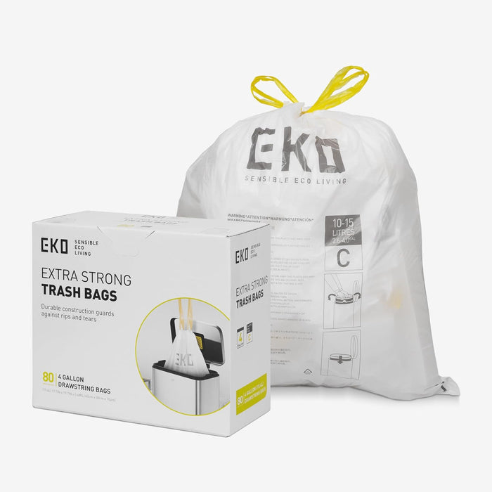 EKO 12.9 Gallon / 45-49 Liter, 110 Count Drawstring Trash Bags, Extra-Strong Unscented Garbage Bags, Easy-Dispense Roll for Kitchen & Household Use, Resists Tears, Leaks and Punctures, Code J, White
