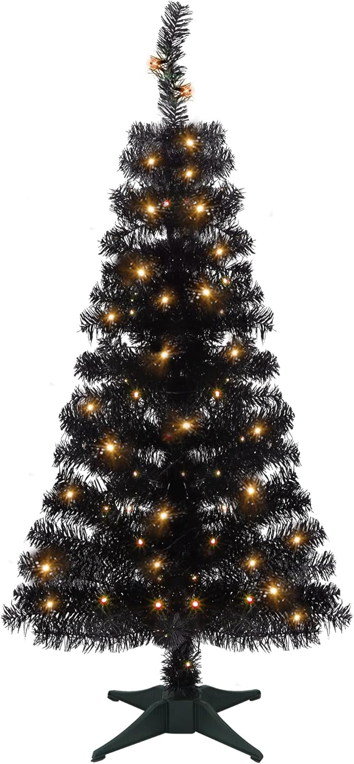 Juegoal 4 FT Pre-lit Artificial Christmas Tree, Lighted Tinsel Pencil Pine Spruce Trees with 70 Warm White LED Lights, 8 Lighting Mode & Timer for Xmas Holiday Party Decor (Pink)