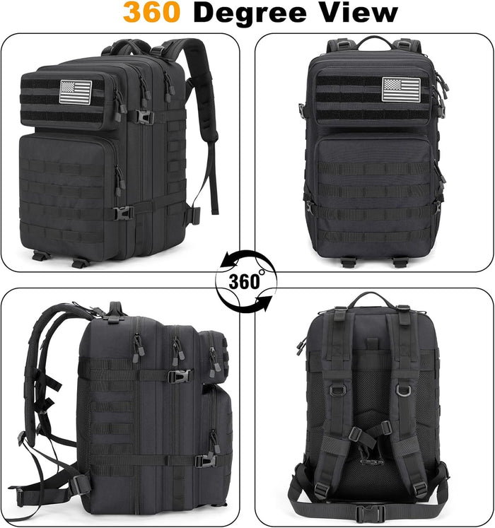 45L Large Gear Tactical Military Rucksack – Durable, Water Resistant, MOLLE Assault Pack for 3 Day Trips, Daily, for Men Women(Black)