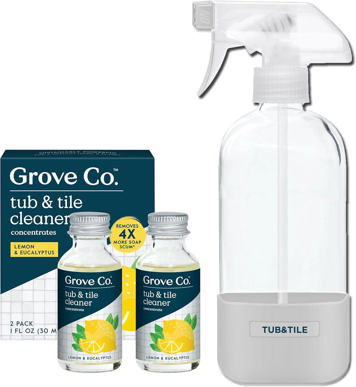 Grove Co. Tub and Tile Cleaner Refill Concentrate (2 x 1 Fl Oz) + 1 x Reusable Glass Spray Bottle (16 Oz) Plant-Based Cleaning Supplies Bundle, No Plastic Waste, Lavender & Thyme Scent