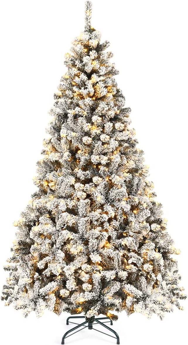 Goplus 6ft Pre-Lit Artificial Christmas Tree, Premium PVC Snow Flocked Hinged Pine Tree with Metal Stand and LED Lights, Perfect Xmas Decoration for Indoor and Outdoor