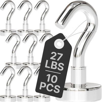 Magnetic Hooks 27 LBS (Pack of 10 Silver) - Heavy Duty Neodymium Hooks for Outdoor & Backyard Use - Strong Rare Earth Magnets for Cruise Cabins - Magnetic Hooks for Kitchen & Refrigerators