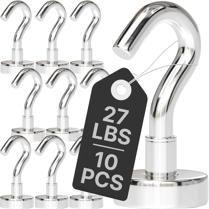 Magnetic Hooks 27 LBS (Pack of 10 Silver) - Heavy Duty Neodymium Hooks for Outdoor & Backyard Use - Strong Rare Earth Magnets for Cruise Cabins - Magnetic Hooks for Kitchen & Refrigerators