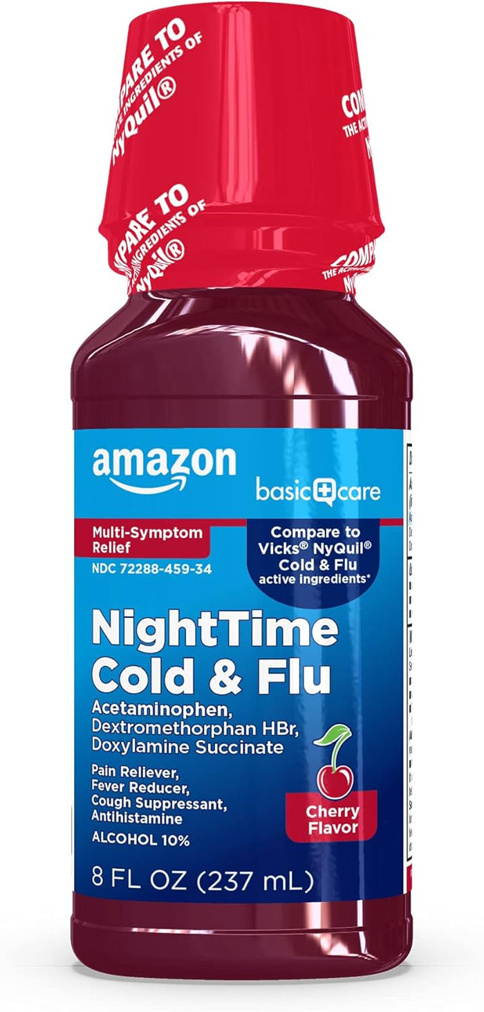 Amazon Basic Care Night Time Cold & Flu Liquid, Cherry, 12 fl oz (Pack of 1)