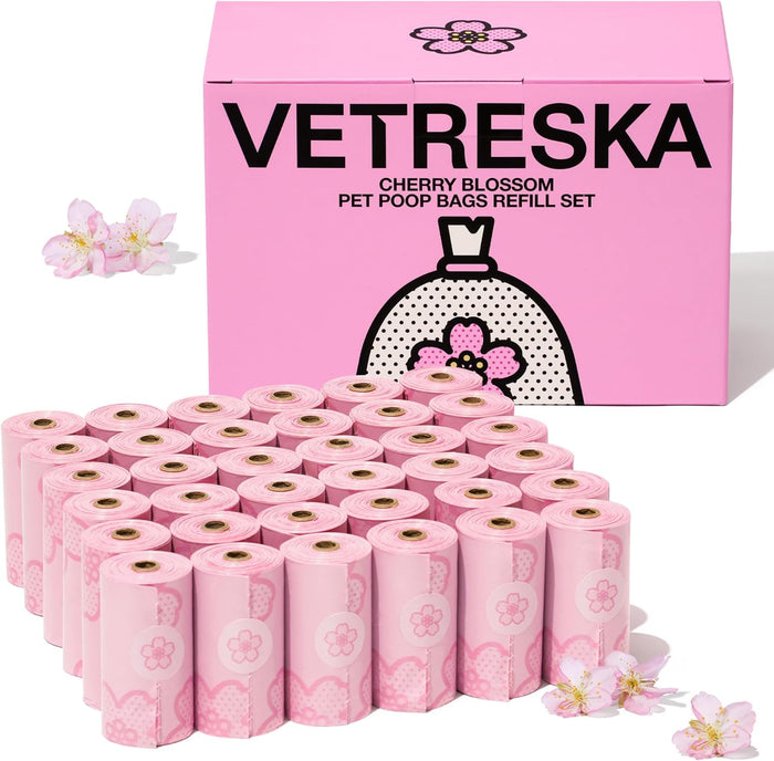 VETRESKA Dog Poop Bag Dispenser with Cherry Blossom Scented Poop Bags, Leak Proof and Extra Thick Pet Waste Bags, 1 Poop Bag Holder and 105 Bags for Dog Walking and Cats Litter, Pink