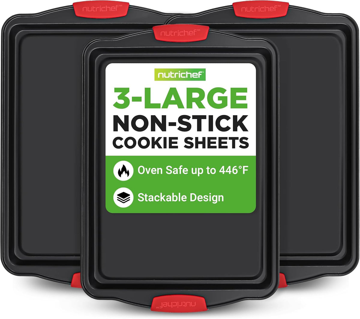 NutriChef 3-Piece Nonstick Kitchen Oven Baking Pans - Premium & Stylish Non-Stick Steel, Commercial Grade Restaurant Quality Metal Bakeware with Red Silicone Handles - Easy to Clean, NCSBS3S