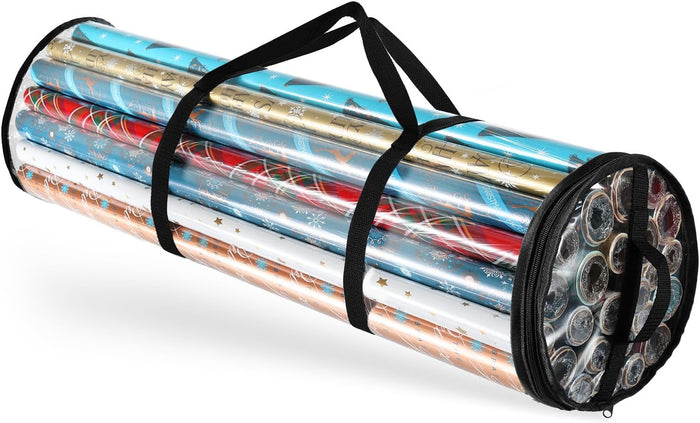 Hearth & Harbor Wrapping Paper Storage Container with Ribbon Dispenser and Interior Pockets - Large Christmas Storage Containers with Wheels, Fits 30 Rolls of 40" Length, Blue