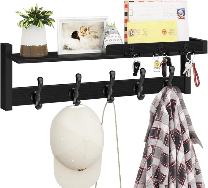 Homode Coat Rack Wall Mount with Shelf, Entryway Coat Hanger with Key Hooks and Mail Holder, 29 Inch Wood Floating Shelf with Hooks and Storage, Key Holder Mail Organizer, Rustic Brown