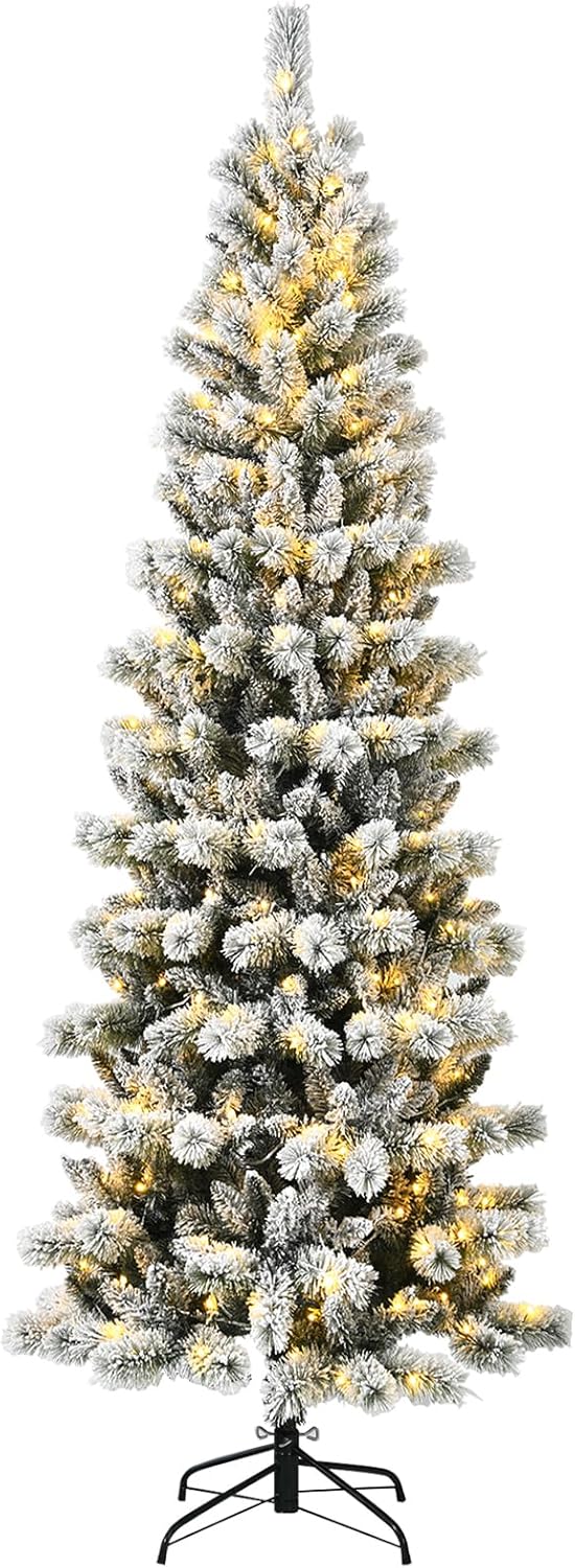DORTALA Pre-lit Christmas Tree, 5FT Snow Flocked Pine Artificial Xmas Tree with Remote Control, 279 Branch Tips, 140 LED Lights, 9 Lighting Modes, Foldable Metal Stand, White