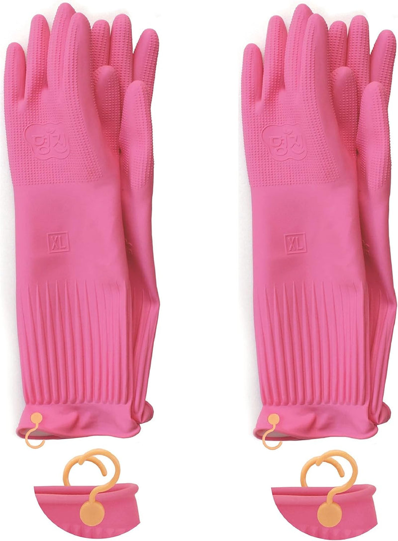 Myungjin 2 Pairs Reusable Waterproof Non-Slip Honeycomb Grip Latex Rubber Gloves with Hang-Dry Hooks/Hanging Loops for Dishwashing Household Cleaning Cooking (Medium OverFit)
