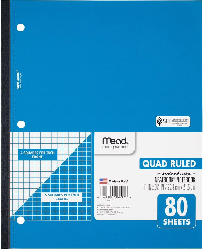 Mead Spiral Notebook, 1 Subject, Graph Ruled Paper, 7-1/2" x 10-1/2", 100 Sheets, Green (05676AC5)