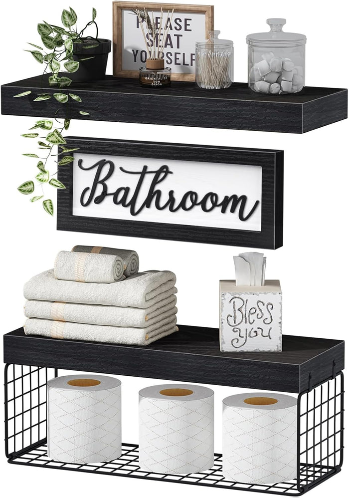 QEEIG ‎Bathroom Shelves Over Toilet - Paper Storage Wall Mounted Farmhouse Decor Decorations Aesthetic Décor Sign Small Floating Shelf 2+1 Set 16 inch, Rustic Brown (020BN)