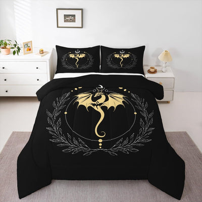 Feelyou Kids Boho Dragon Comforter Set Queen Size, Black Dragon Bedding Set Sun and Moon Duvet Insert Boys Girls Wildlife Teens Bedroom Decor Bed Set 3Pcs