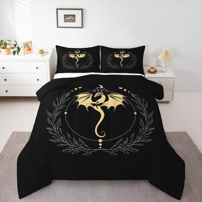 Feelyou Kids Boho Dragon Comforter Set Queen Size, Black Dragon Bedding Set Sun and Moon Duvet Insert Boys Girls Wildlife Teens Bedroom Decor Bed Set 3Pcs