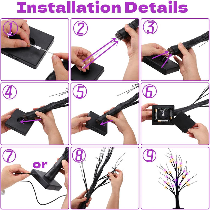 2 Pack 24 Inch Halloween Black Spooky Tree with Orange & Purple Lights, USB&Battery Operated Tabletop Halloween Black Tree with Timer for Indoor Home Holiday Party Decorations