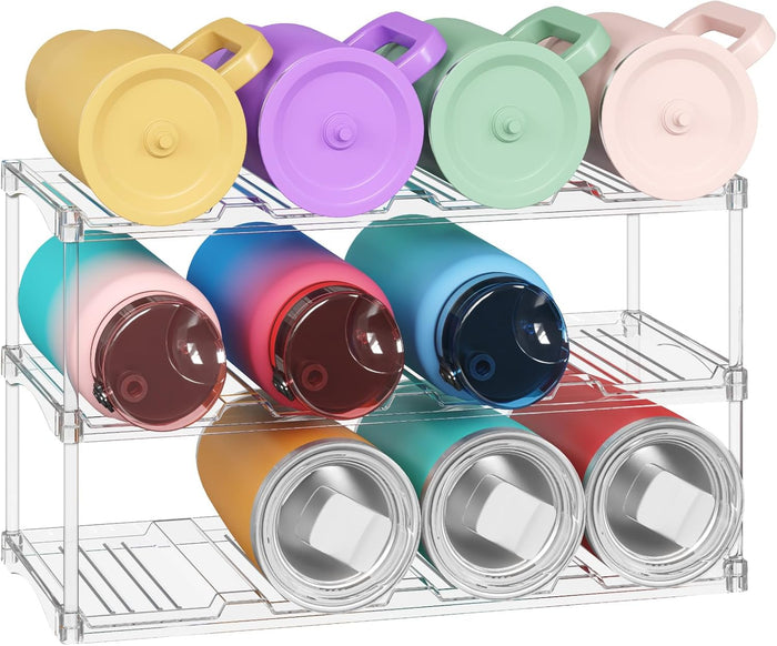 Lifewit Stackable Water Bottle Storage Organizer, Clear Freestanding Wine Bottle Holder for Cabinet, Tumbler Cup Organizer, Plastic Large Compartment Wine Rack for Fridge Cellar, 3Tier Hold 9
