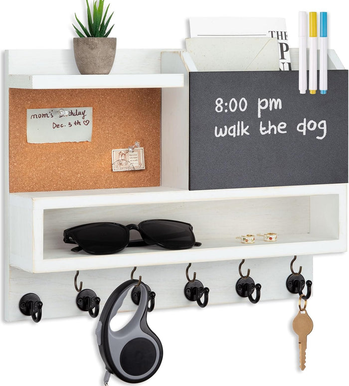 Key Holder for Wall Mount with Mail Organizer, Farmhouse Key Holder for Wall with Shelf, Chalkboard&Corkboard, Entryway Organizer 11 Metal Hooks, Decorative Natural Pine Wood, 14.6*11.1*3.3”, B-Brown