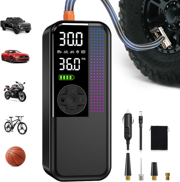 Tire Inflator Portable Air Compressor, 150 PSI Cordless Air Pump, Dual Power 6000mAh, 12V DC Car Plug, Fast Inflation 24L/Min, Auto Shut-Off, LED Light, 4 Preset Modes for Car, Bike, Motorcycle, Balls