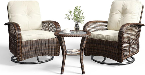 Aoxun 3 Pieces Patio Furniture Set, Patio Swivel Rocker Chairs Set of 2, Wicker Outdoor Bistro Set with Rocking Chair, Thickened Cushions and Table for Porch (Blue)