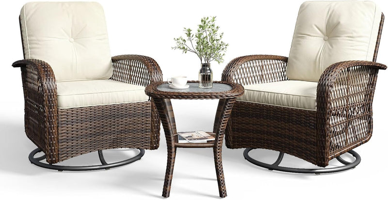 Aoxun 3 Pieces Patio Furniture Set, Patio Swivel Rocker Chairs Set of 2, Wicker Outdoor Bistro Set with Rocking Chair, Thickened Cushions and Table for Porch (Blue)