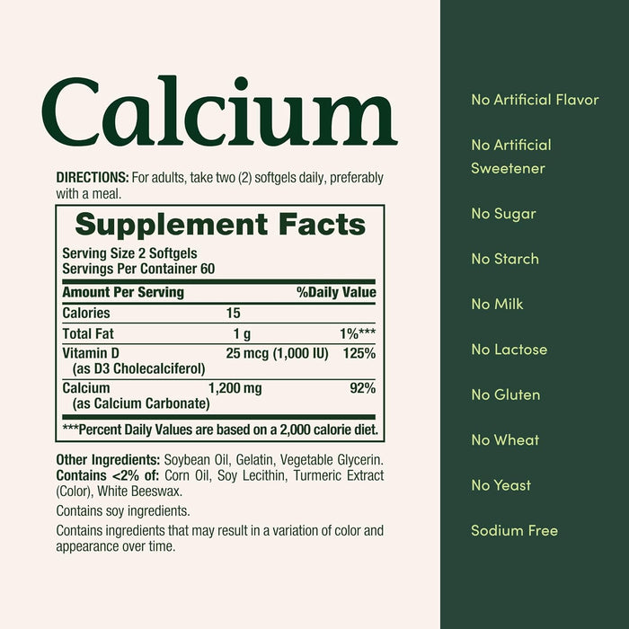 Nature's Bounty Calcium 1200 mg with 1000 IU Vitamin D3 - Bone Health Softgels, Calcium and Vitamin D Supplement, Gluten Free, 2 Softgels per Day, 120 ct (Pack of 1)